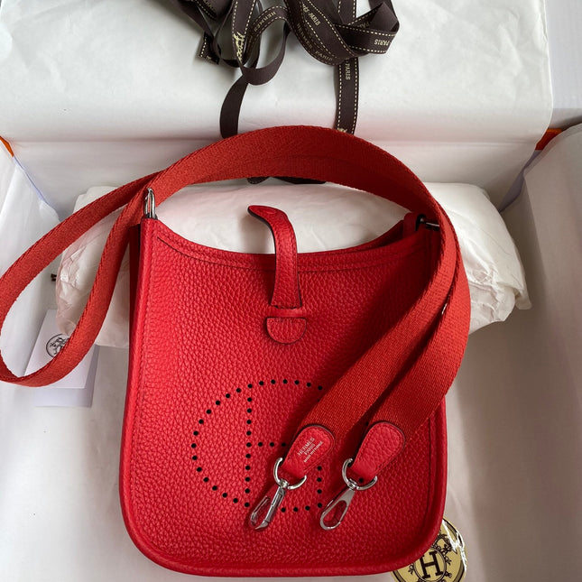 HM 25S EVELYNE 17 CM IN RED COWHIDE AND CANVAS WITH SILVER HARDWARE