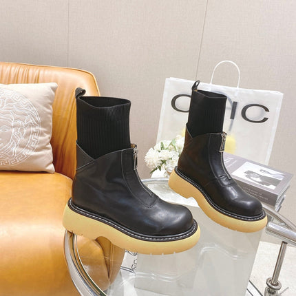 BOTTEGA VENETA 26S PLATFORM ANKLE BOOTS IN BLACK KNIT FABRIC AND CALFSKIN