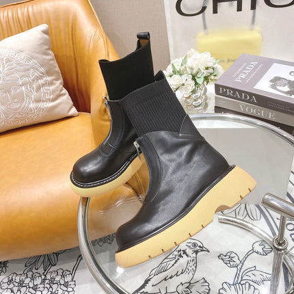 BOTTEGA VENETA 26S PLATFORM ANKLE BOOTS IN BLACK KNIT FABRIC AND CALFSKIN