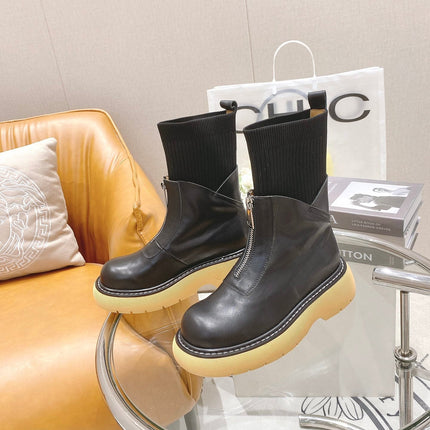 BOTTEGA VENETA 26S PLATFORM ANKLE BOOTS IN BLACK KNIT FABRIC AND CALFSKIN