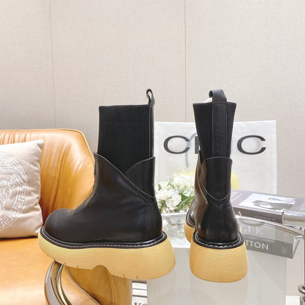 BOTTEGA VENETA 26S PLATFORM ANKLE BOOTS IN BLACK KNIT FABRIC AND CALFSKIN