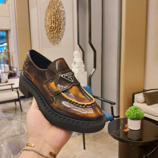 PRADA 26S PENNY LOAFERS 55MM IN BROWN PATENT CALFSKIN