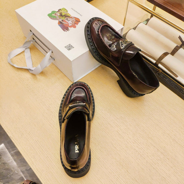 PRADA 26S PENNY LOAFERS 55MM IN BURGUNDY RED PATENT CALFSKIN