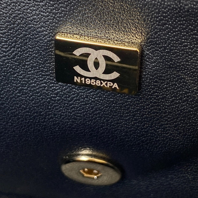 CHANEL 25S MINI FLAP BAG WITH TOP HANDLE 20 IN BLACK CALFSKIN GOLD HARDWARE