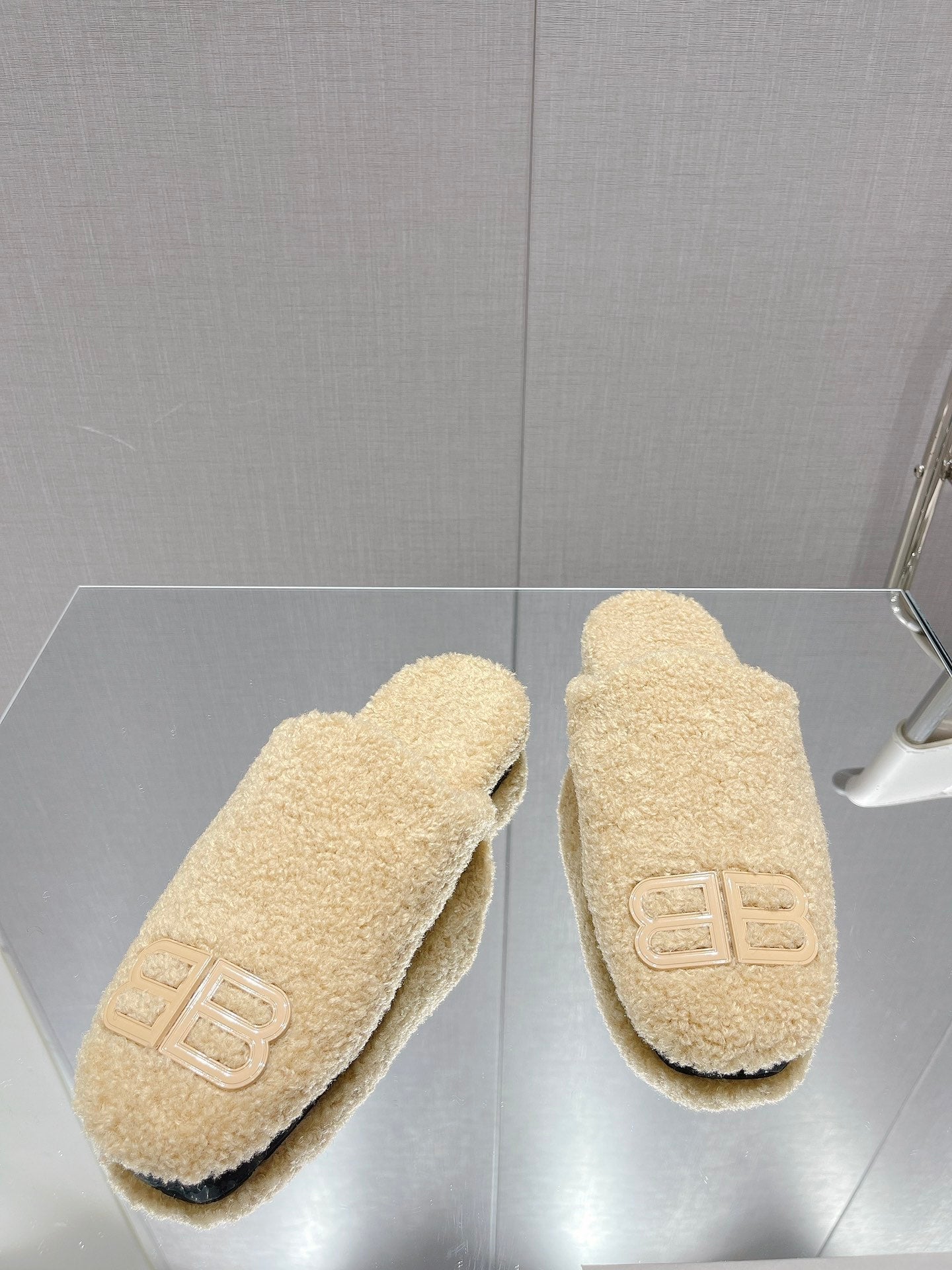 BALENCIAGA 25S MULES IN BEIGE WOOL WITH LOGO