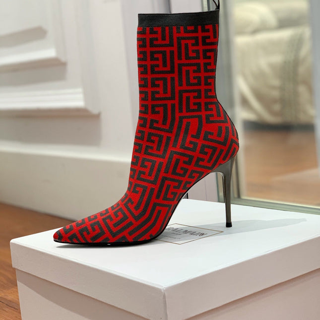 BALMAIN 26S BOOTS 105 MM IN BLACK AND RED FLYKNIT STYLE 11