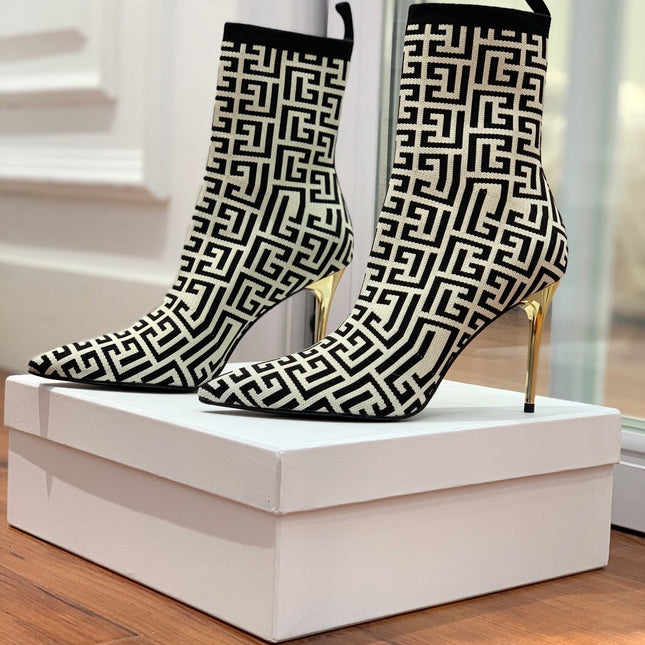 BALMAIN 26S BOOTS 105 MM IN BLACK AND LIGHT BEIGE FLYKNIT STYLE 9