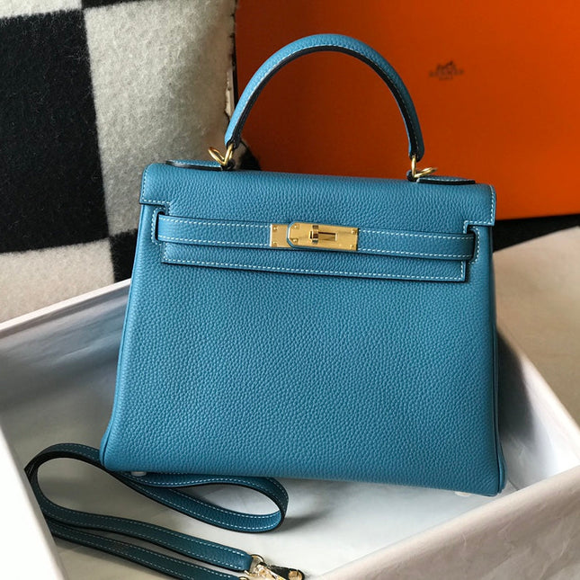 HERMES KELLY BAG 25CM IN BLUE TOGO LEATHER WITH GOLD HARDWARE