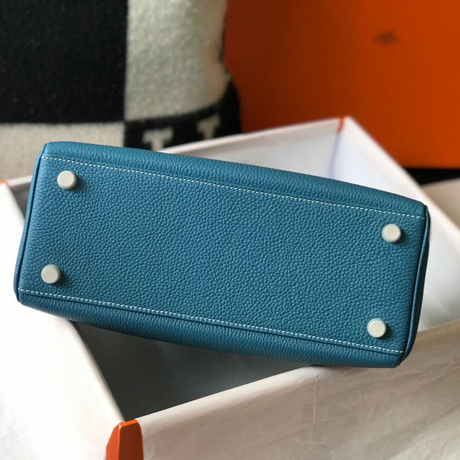 HERMES KELLY BAG 25CM IN BLUE TOGO LEATHER WITH GOLD HARDWARE