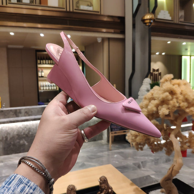 PRADA 26S POINTED TOE WEDGE SLINGBACK PUMPS IN PINK PATENT CALFSKIN