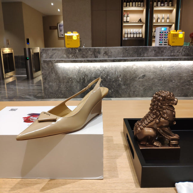 PRADA 26S POINTED TOE WEDGE SLINGBACK PUMPS IN BEIGE PATENT CALFSKIN
