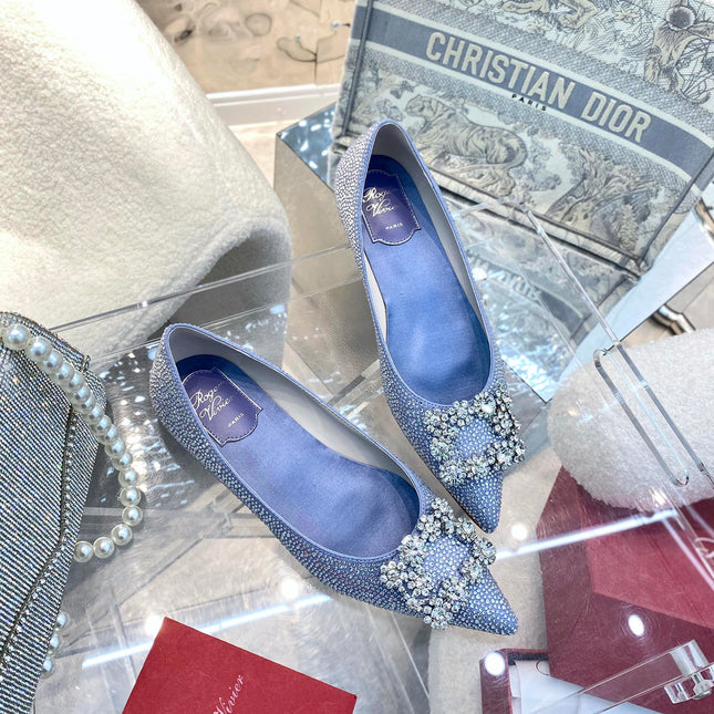EFFLORESCENCE BALLERINAS IN BLUE CALFSKIN WITH FULLY EMBELLISHED CRYSTALS