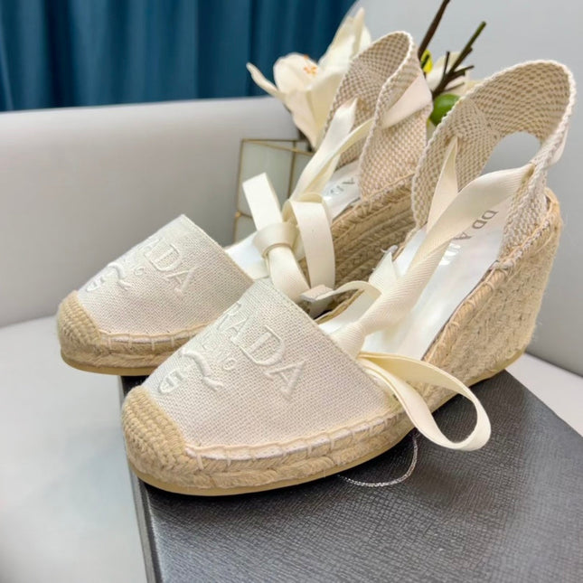 PRADA 26S ESPADRILLE HIGH HEEL SANDALS IN IVORY WHITE CANVAS
