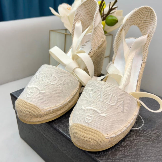 PRADA 26S ESPADRILLE HIGH HEEL SANDALS IN IVORY WHITE CANVAS