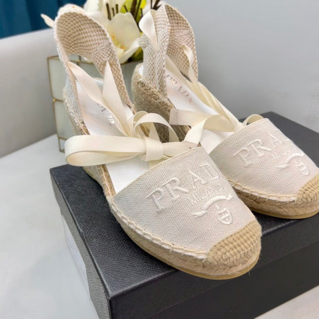 PRADA 26S ESPADRILLE HIGH HEEL SANDALS IN IVORY WHITE CANVAS