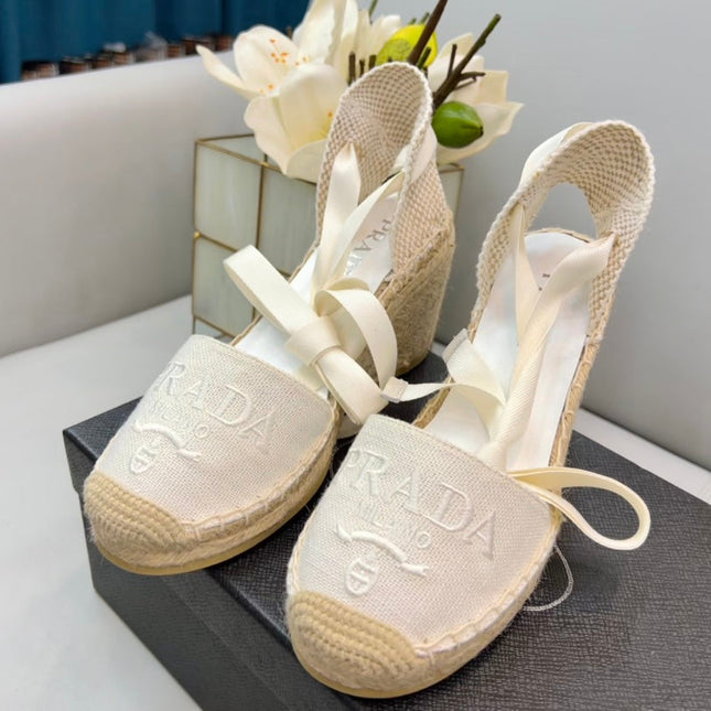 PRADA 26S ESPADRILLE HIGH HEEL SANDALS IN IVORY WHITE CANVAS