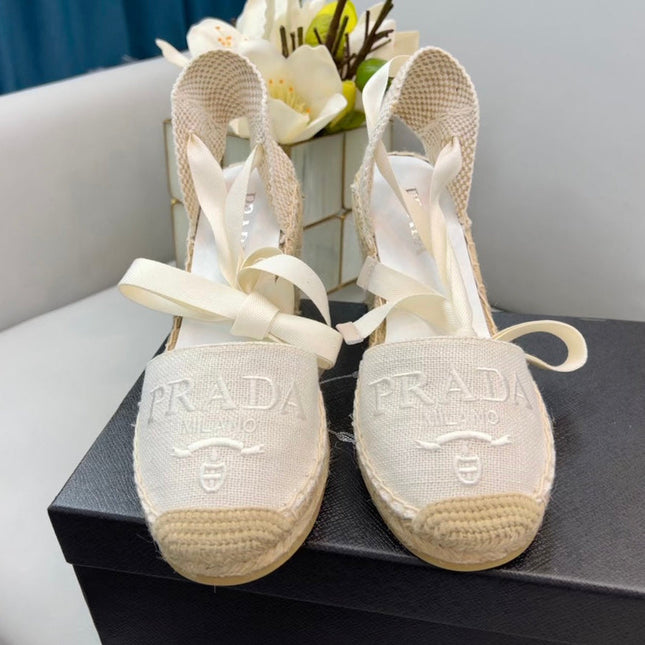 PRADA 26S ESPADRILLE HIGH HEEL SANDALS IN IVORY WHITE CANVAS
