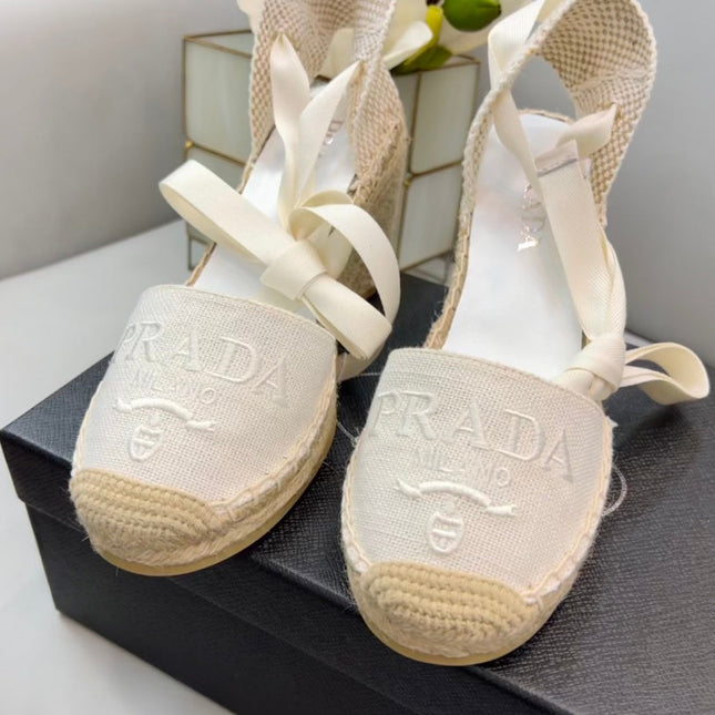 PRADA 26S ESPADRILLE HIGH HEEL SANDALS IN IVORY WHITE CANVAS