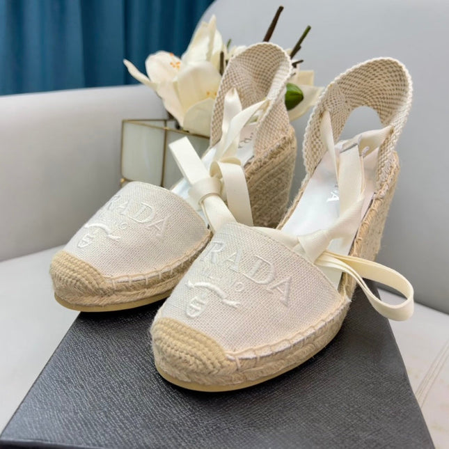 PRADA 26S ESPADRILLE HIGH HEEL SANDALS IN IVORY WHITE CANVAS