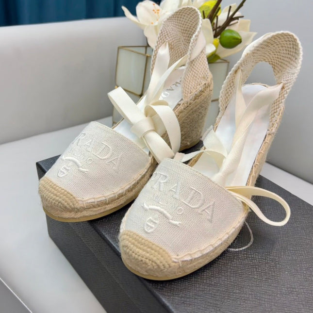 PRADA 26S ESPADRILLE HIGH HEEL SANDALS IN IVORY WHITE CANVAS