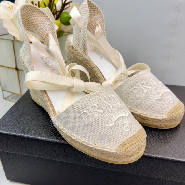 PRADA 26S ESPADRILLE HIGH HEEL SANDALS IN IVORY WHITE CANVAS