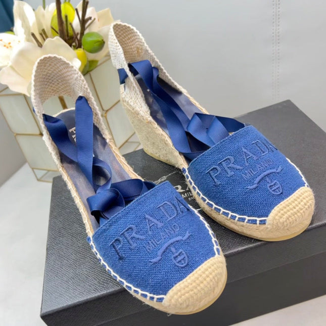 PRADA 26S ESPADRILLE HIGH HEEL SANDALS IN BLUE CANVAS