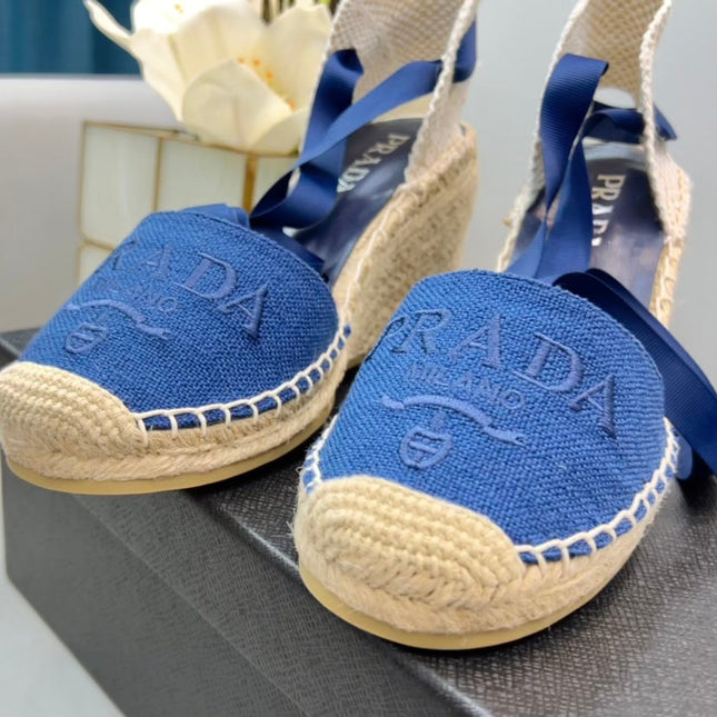 PRADA 26S ESPADRILLE HIGH HEEL SANDALS IN BLUE CANVAS
