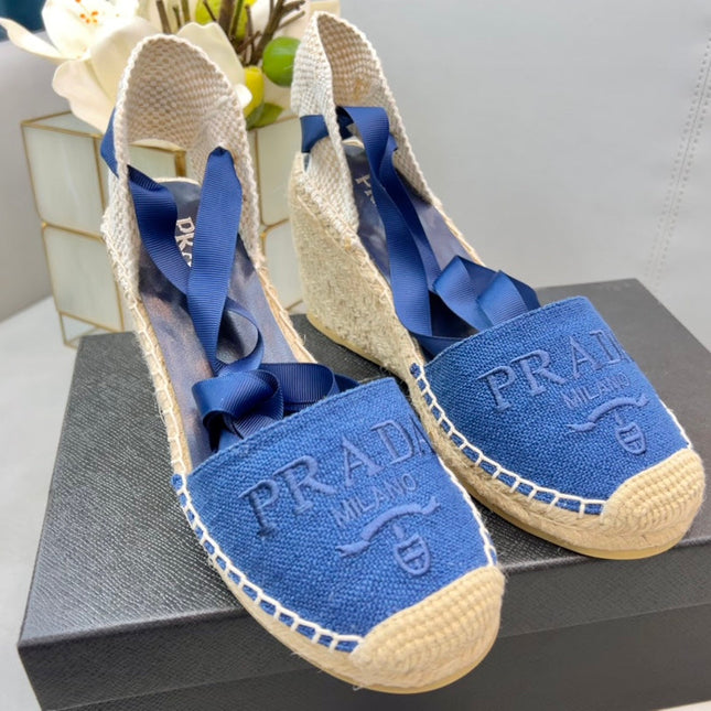 PRADA 26S ESPADRILLE HIGH HEEL SANDALS IN BLUE CANVAS