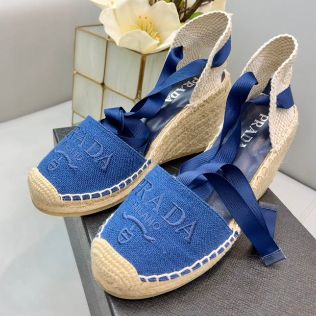 PRADA 26S ESPADRILLE HIGH HEEL SANDALS IN BLUE CANVAS