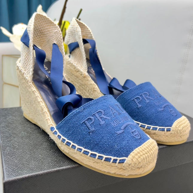 PRADA 26S ESPADRILLE HIGH HEEL SANDALS IN BLUE CANVAS
