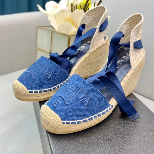 PRADA 26S ESPADRILLE HIGH HEEL SANDALS IN BLUE CANVAS