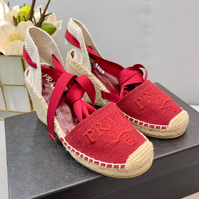 PRADA 26S ESPADRILLE HIGH HEEL SANDALS IN RED CANVAS