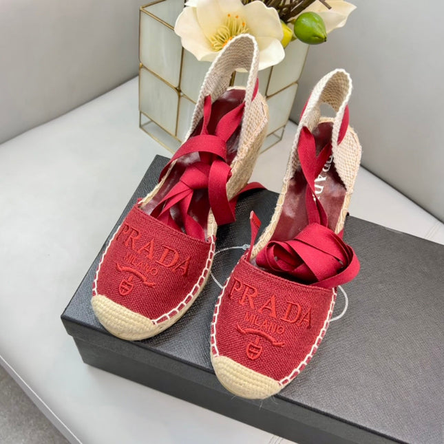 PRADA 26S ESPADRILLE HIGH HEEL SANDALS IN RED CANVAS