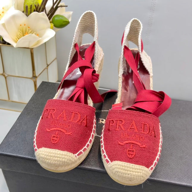 PRADA 26S ESPADRILLE HIGH HEEL SANDALS IN RED CANVAS