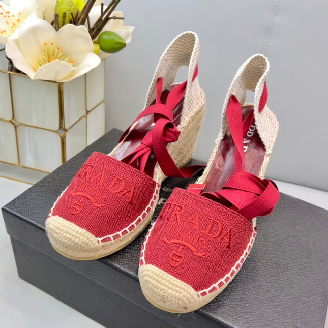 PRADA 26S ESPADRILLE HIGH HEEL SANDALS IN RED CANVAS
