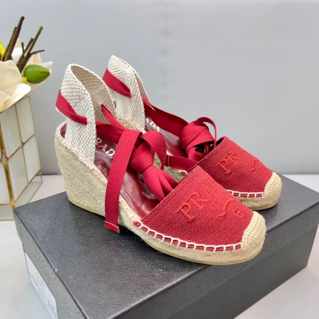 PRADA 26S ESPADRILLE HIGH HEEL SANDALS IN RED CANVAS
