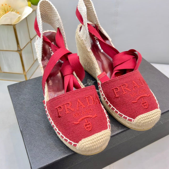 PRADA 26S ESPADRILLE HIGH HEEL SANDALS IN RED CANVAS