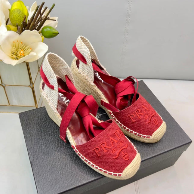 PRADA 26S ESPADRILLE HIGH HEEL SANDALS IN RED CANVAS