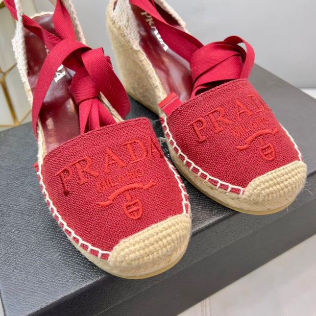 PRADA 26S ESPADRILLE HIGH HEEL SANDALS IN RED CANVAS
