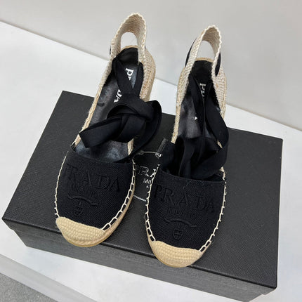 PRADA 26S ESPADRILLE HIGH HEEL SANDALS IN BLACK CANVAS
