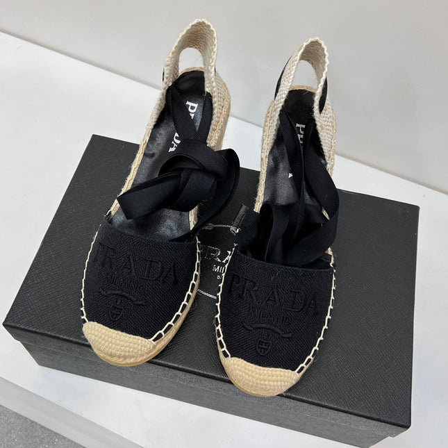 PRADA 26S ESPADRILLE HIGH HEEL SANDALS IN BLACK CANVAS
