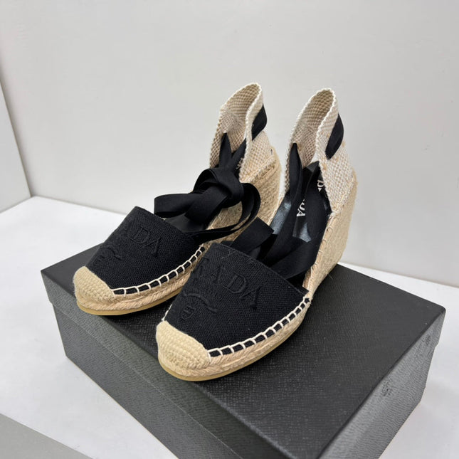 PRADA 26S ESPADRILLE HIGH HEEL SANDALS IN BLACK CANVAS