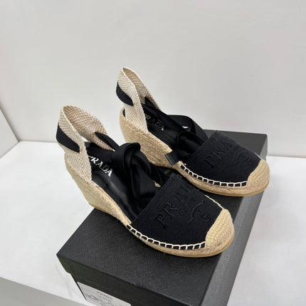 PRADA 26S ESPADRILLE HIGH HEEL SANDALS IN BLACK CANVAS
