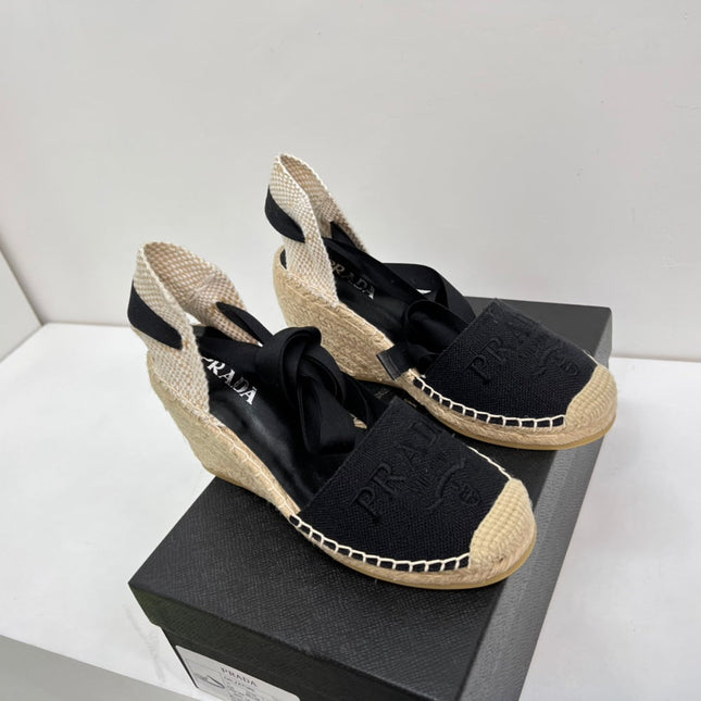 PRADA 26S ESPADRILLE HIGH HEEL SANDALS IN BLACK CANVAS