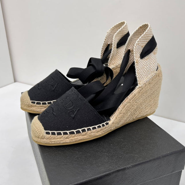 PRADA 26S ESPADRILLE HIGH HEEL SANDALS IN BLACK CANVAS