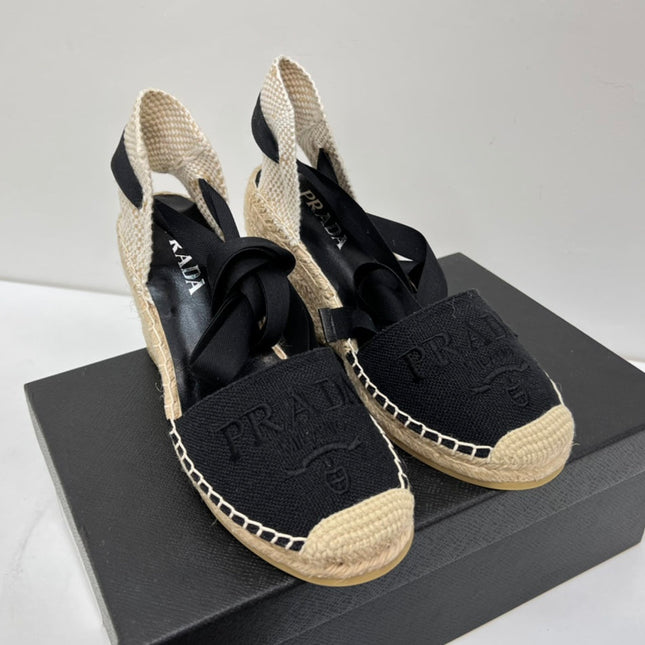 PRADA 26S ESPADRILLE HIGH HEEL SANDALS IN BLACK CANVAS