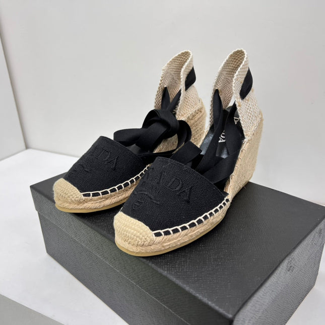 PRADA 26S ESPADRILLE HIGH HEEL SANDALS IN BLACK CANVAS
