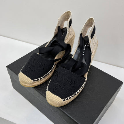PRADA 26S ESPADRILLE HIGH HEEL SANDALS IN BLACK CANVAS