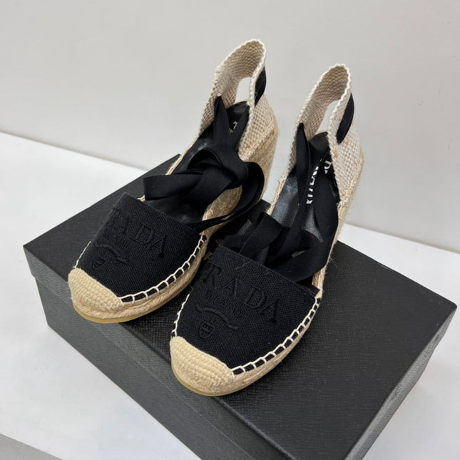 PRADA 26S ESPADRILLE HIGH HEEL SANDALS IN BLACK CANVAS