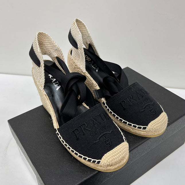 PRADA 26S ESPADRILLE HIGH HEEL SANDALS IN BLACK CANVAS